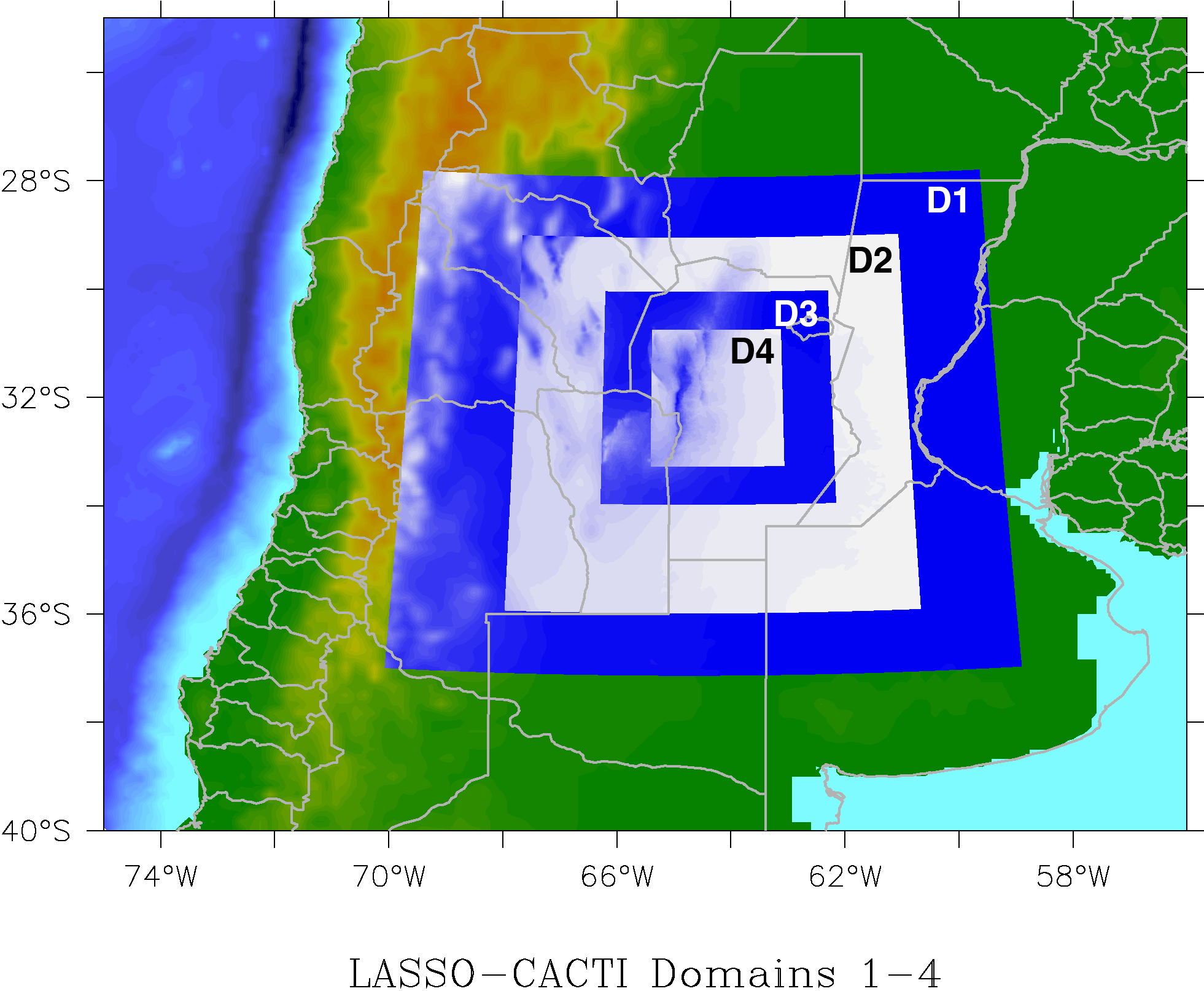 Map showing the four WRF domains